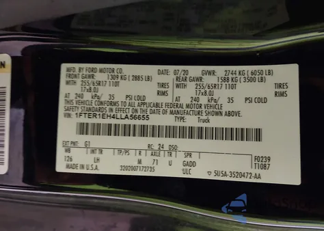 2020 Ford Ranger Xlt из США, поврежденный, VIN 1FTER1EH4LLA56655